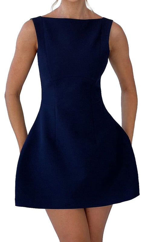 OWIN Women’s Summer Casual Boat Neck Sleeveless Elegant Flared A Line Swing Club Cocktail Party Short Mini Dress