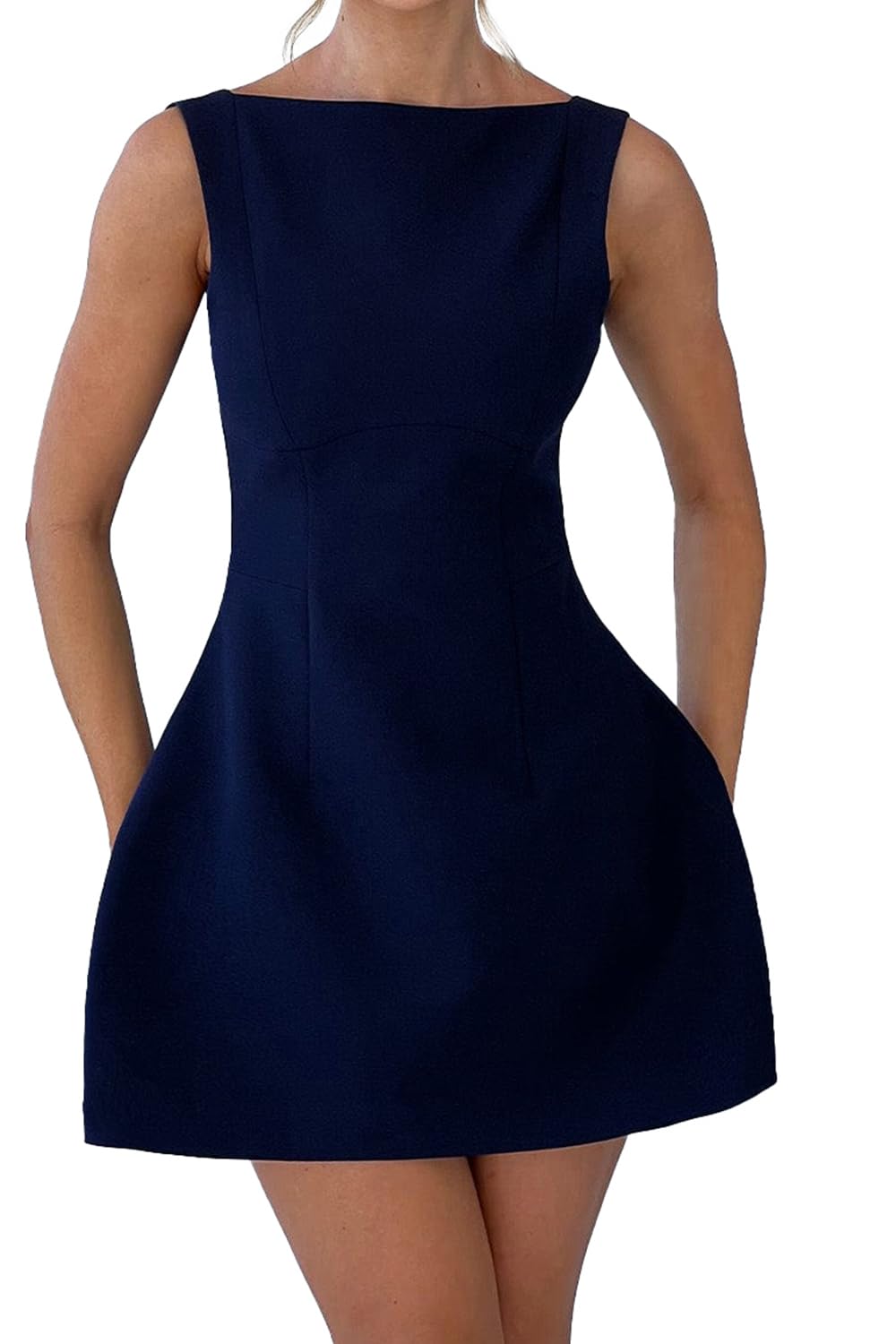 OWIN Women’s Summer Casual Boat Neck Sleeveless Elegant Flared A Line Swing Club Cocktail Party Short Mini Dress