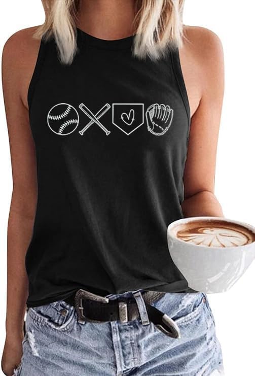 MHTOR Baseball O-Neck Tank Women Print Baseball Tanks Cute Workout Graphic Casual Summer Sleeveless Vest Top
