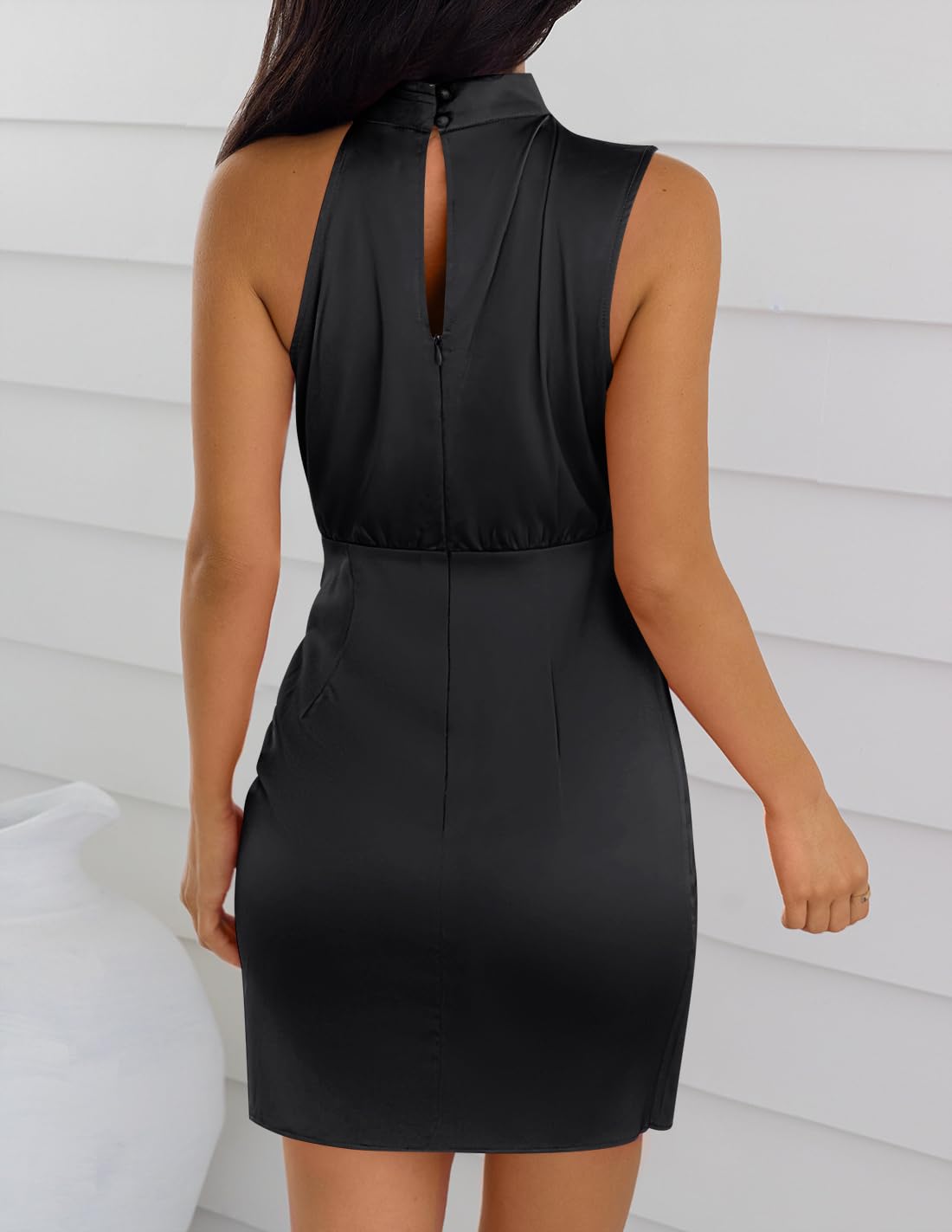 ZESICA Women's Satin Sleeveless Halter Tie Waist Wrap Bodycon Mini Dress | 2026 Summer Fashion Short Dresses, Silky High Waist Dress, Above Knee Length, Sexy Cocktail Party Club Outfits