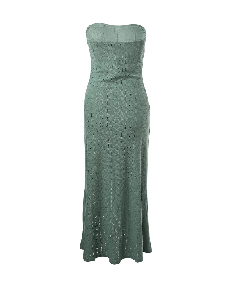 CHICME Women's Strapless Bodycon Maxi Dress Asymmetrical Hem | Ruched Wrap Detail, Eyelet Embroidery, Soft Stretch Fabric, Tube Top Neckline, Beach Vacation Wear, Wedding Guest Outfit