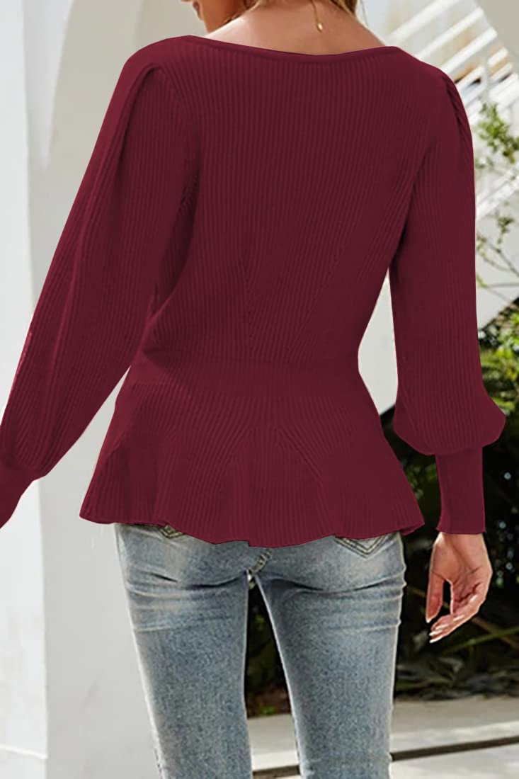 Womens Fall Puff Sleeve Peplum Casual Slim Fit Knit Pullover Sweater