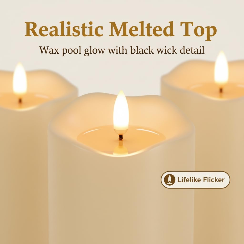 ANGELLOONG Gold Candles for Bathroom Decor, Glass Flameless Candles with Remote, Battery Operated LED Pillar Fake Candles with Timer for Christmas Home Fireplace Mantle Fall Decor