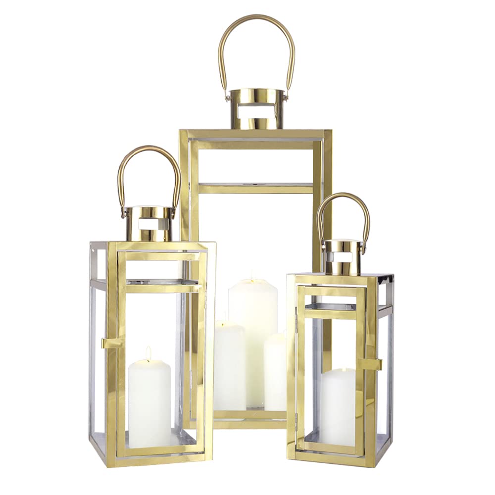 TRIROCKS Set of 3 Stainless Steel Candle Lantern 19/15/12'' High Metal Candle Holder with Tempered Glass Panels Perfect for Home Decor Living Room Parties Events Tabletop Indoors Outdoors (Rose Gold)