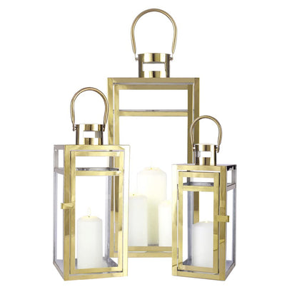 TRIROCKS Set of 3 Stainless Steel Candle Lantern 19/15/12'' High Metal Candle Holder with Tempered Glass Panels Perfect for Home Decor Living Room Parties Events Tabletop Indoors Outdoors (Rose Gold)