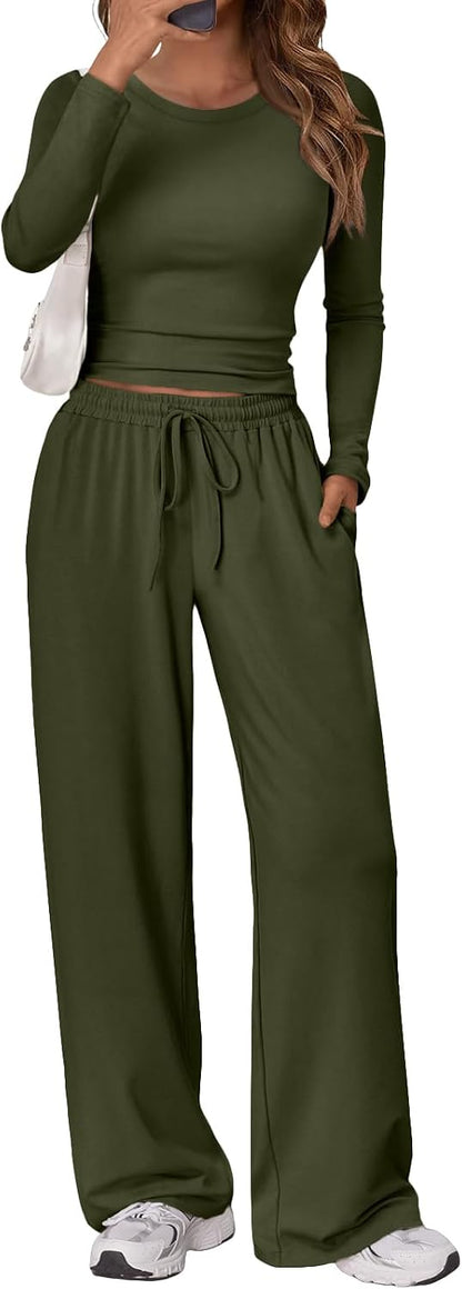 Trendy Queen Women's 2 Piece Matching Lounge Set Long Sleeve Side Ruching Top Wide Leg Drawstring Pants Set with Pockets