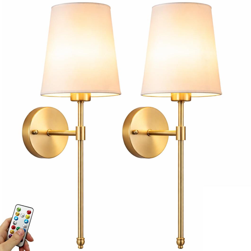 YHCDLAMP Battery Operated Wall Sconce Light with Remote Control, Dimmable Wall Sconce Set of 2 with White Fabric Shade, Wireless Battery Operated Wall Lamp for Bedroom Living Room, Bulb Included