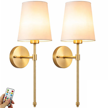 YHCDLAMP Battery Operated Wall Sconce Light with Remote Control, Dimmable Wall Sconce Set of 2 with White Fabric Shade, Wireless Battery Operated Wall Lamp for Bedroom Living Room, Bulb Included