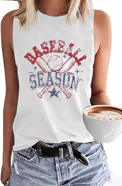MHTOR Baseball O-Neck Tank Women Print Baseball Tanks Cute Workout Graphic Casual Summer Sleeveless Vest Top