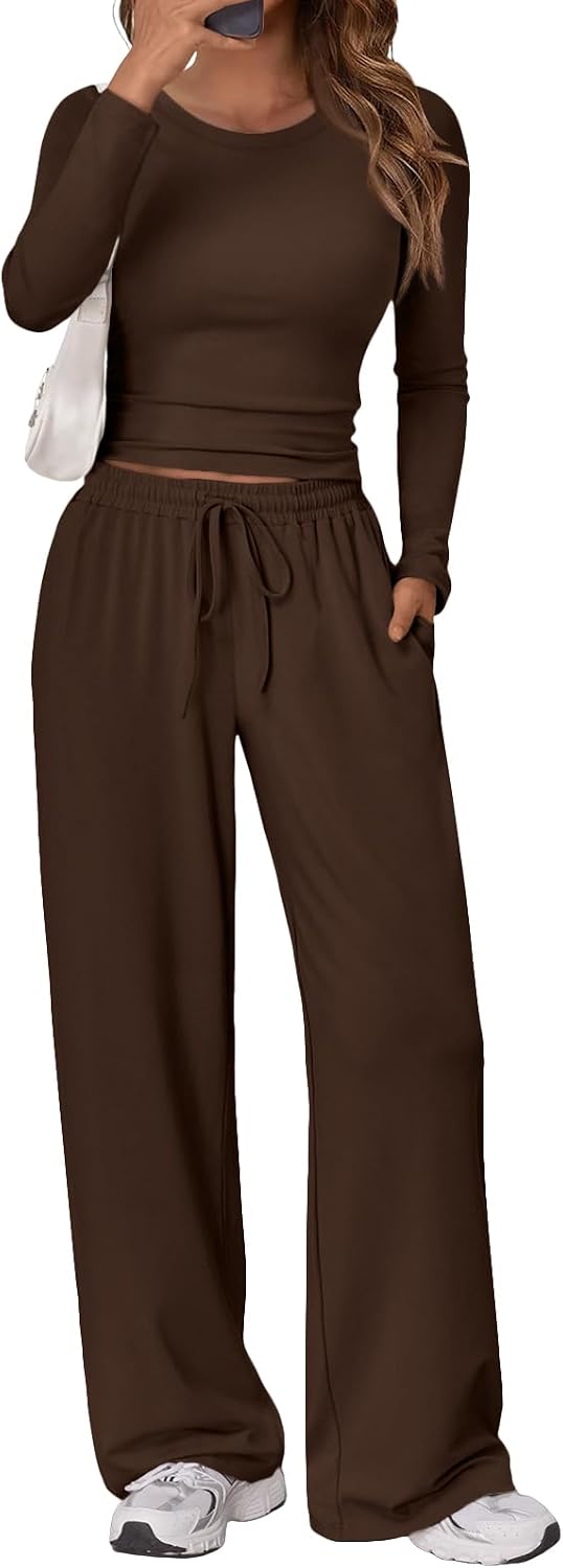 Trendy Queen Women's 2 Piece Matching Lounge Set Long Sleeve Side Ruching Top Wide Leg Drawstring Pants Set with Pockets