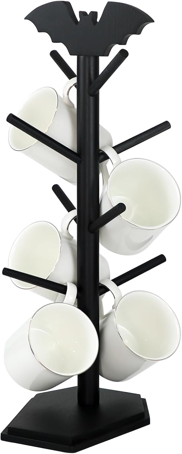 Bat Mug Holder Tree - 8 Hooks Rack for Gothic Home Decor - Wood Mug Tree for Countertop - Cup Holder for Halloween Kitchen Organizer & Coffee Bar Accessories