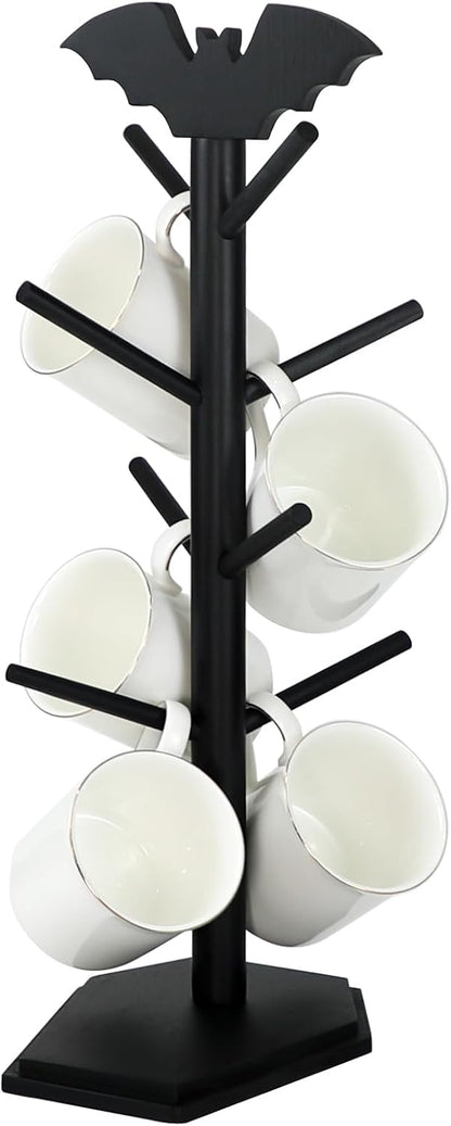 Bat Mug Holder Tree - 8 Hooks Rack for Gothic Home Decor - Wood Mug Tree for Countertop - Cup Holder for Halloween Kitchen Organizer & Coffee Bar Accessories