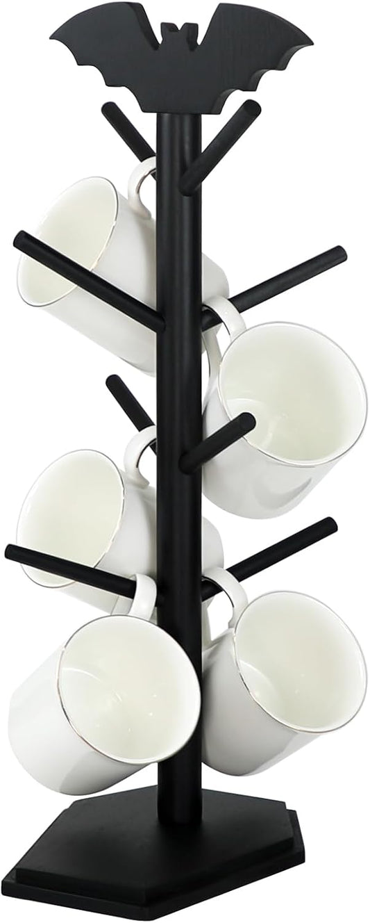 Bat Mug Holder Tree - 8 Hooks Rack for Gothic Home Decor - Wood Mug Tree for Countertop - Cup Holder for Halloween Kitchen Organizer & Coffee Bar Accessories