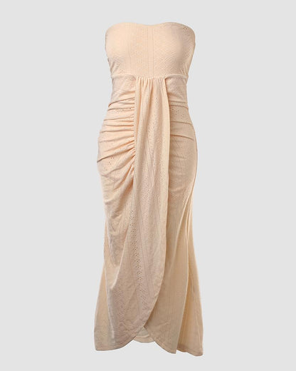 CHICME Women's Strapless Bodycon Maxi Dress Asymmetrical Hem | Ruched Wrap Detail, Eyelet Embroidery, Soft Stretch Fabric, Tube Top Neckline, Beach Vacation Wear, Wedding Guest Outfit