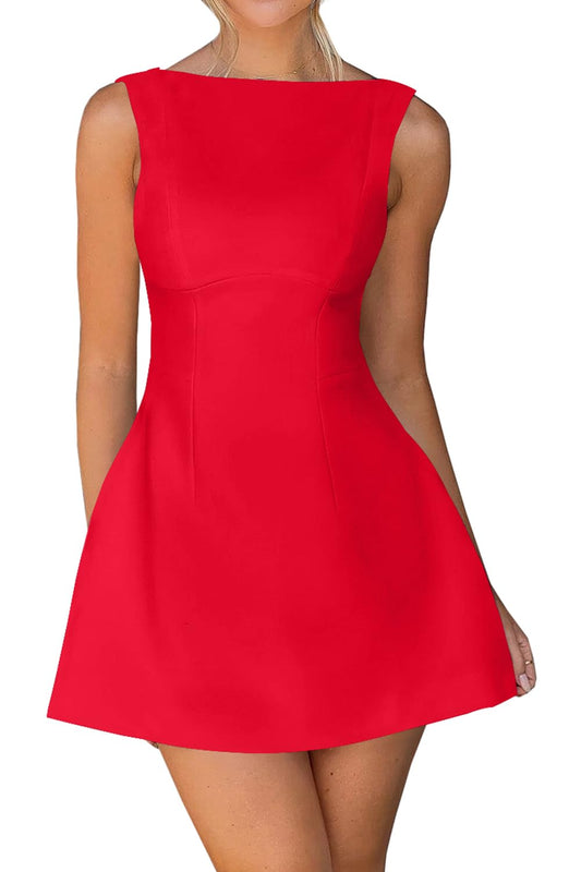 OWIN Women’s Summer Casual Boat Neck Sleeveless Elegant Flared A Line Swing Club Cocktail Party Short Mini Dress