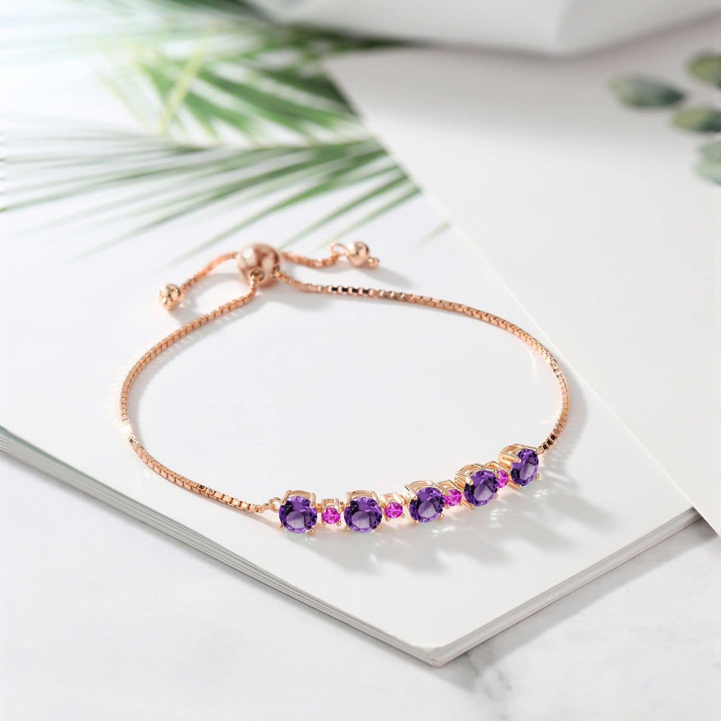 Gem Stone King Gemstone Birthstone and Pink Sapphire Tennis Bracelet 18K Rose Gold Plated Silver | Round 5MM and 2.5MM | Adjustable Bolo Design | Easy-On Easy-Off