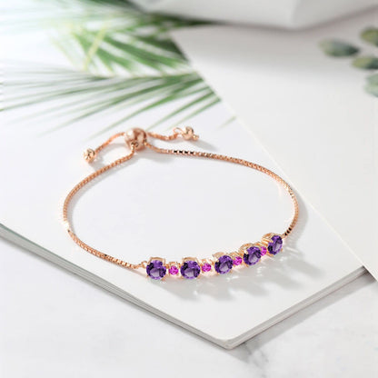 Gem Stone King Gemstone Birthstone and Pink Sapphire Tennis Bracelet 18K Rose Gold Plated Silver | Round 5MM and 2.5MM | Adjustable Bolo Design | Easy-On Easy-Off