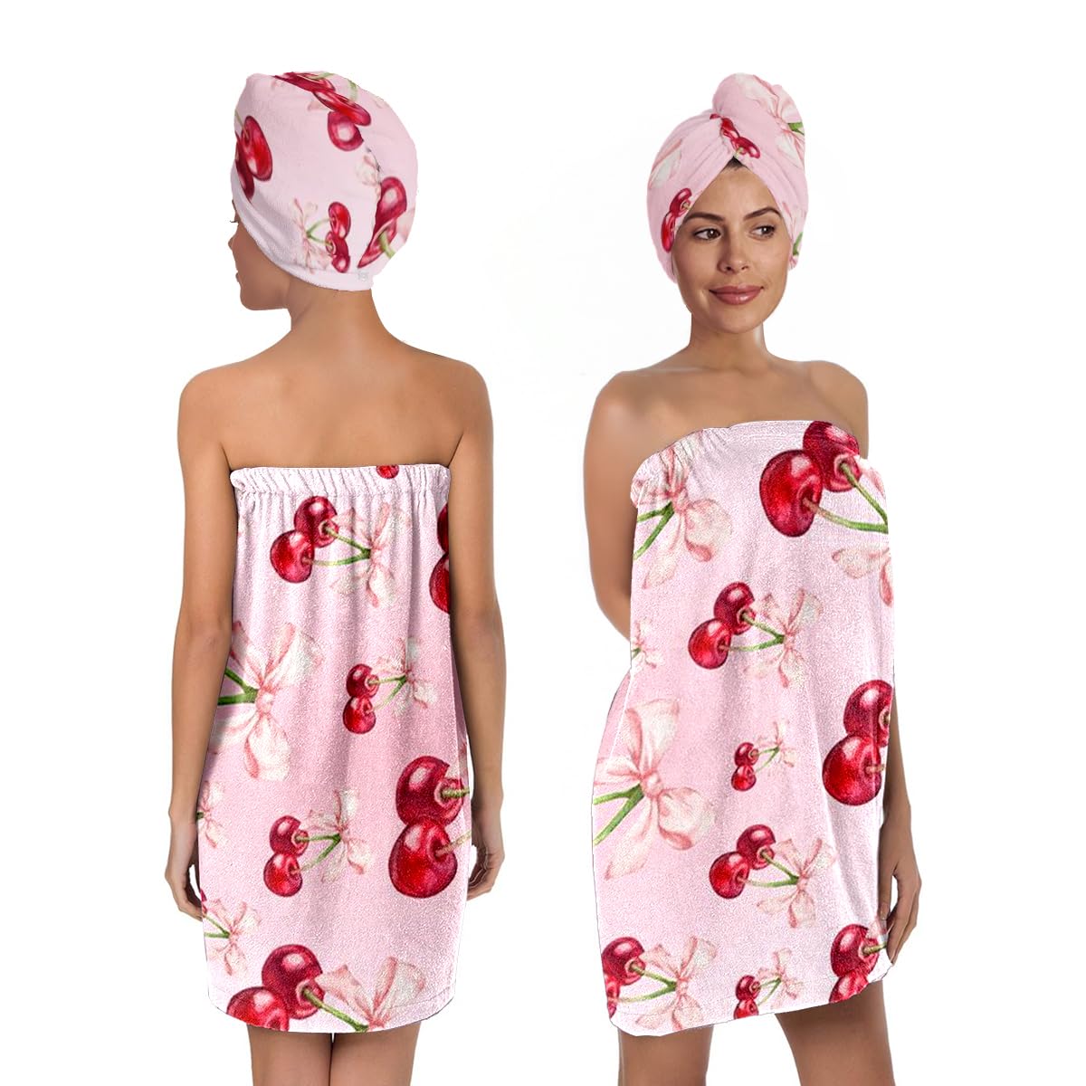 Strawberry Print Bath Wrap and Hair Drying Towel Set – Microfiber Quick Dry Shower Body Wrap for Women, Absorbent Spa Skirt with Elastic Band and Cute Bow Design (Strawberry 1)