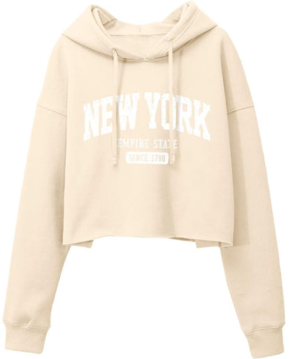ORANDESIGNE Woman Graphic Print Cropped Hoodie Long Sleeve Fleece Pullover | 60% Cotton,Soft Fleece Fabric,Durable Letter Graphic Print,Drop Shoulder,Loose Fit,Easy Care,Going Out,Fall&Winter Casual