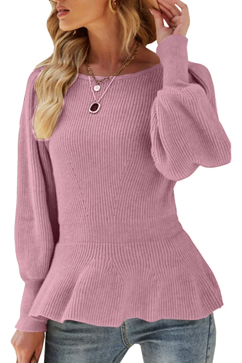 Womens Fall Puff Sleeve Peplum Casual Slim Fit Knit Pullover Sweater