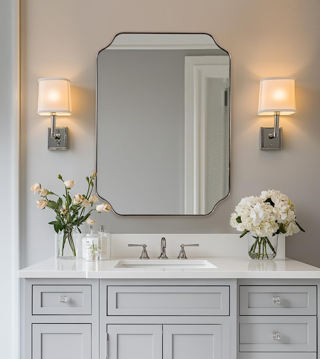 ANDY STAR Unique Rectangle Wall Mirror, 24"x32" Black Mirror, Modern Mirror with Aesthetic Scalloped Edge Design Ideal for Bathroom, Bedroom or Entryway, Thin Frame Deep 1’’