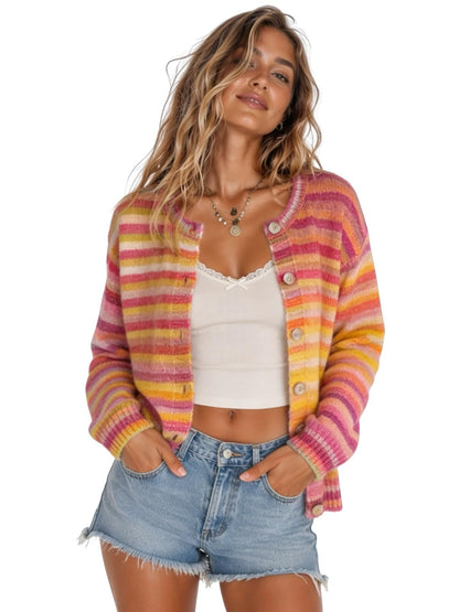 utcoco Women's Cute Rainbow Striped Button Down Knit Cardigan Sweaters