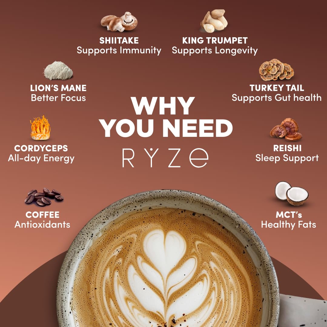 RYZE SUPERFOODS Mushroom Medium Roast Coffee USDA Organic with 6 Adaptogenic Mushrooms, USA Grown Instant Coffee for Better Energy, Focus Digestion Immunity with Lions Mane & Turkey Tail 30. Pack of 1