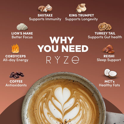 RYZE SUPERFOODS Mushroom Medium Roast Coffee USDA Organic with 6 Adaptogenic Mushrooms, USA Grown Instant Coffee for Better Energy, Focus Digestion Immunity with Lions Mane & Turkey Tail 30. Pack of 1