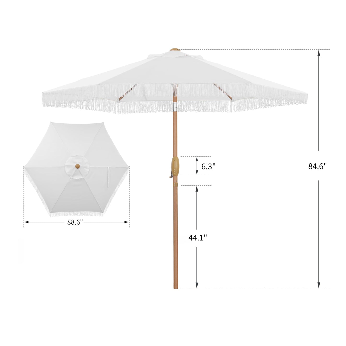 GDY 7.5ft Tassel Patio Umbrella and Matching Base, Outdoor Table Umbrella with 18 LED Lights,Market Umbrella with 6 Sturdy Ribs, with Push Button Tilt and Crank, Bright White