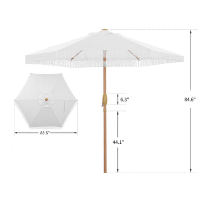 GDY 7.5ft Tassel Patio Umbrella and Matching Base, Outdoor Table Umbrella with 18 LED Lights,Market Umbrella with 6 Sturdy Ribs, with Push Button Tilt and Crank, Bright White
