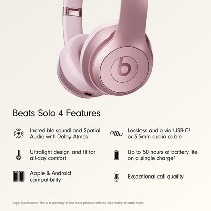 Beats Solo 4 - Wireless On-Ear Bluetooth Headphones, Up to 50-Hour Battery Life, Ultra-Lightweight Comfort, Powerful and Balanced Sound, Apple & Android Compatible - Amazon Exclusive Metallic Pink