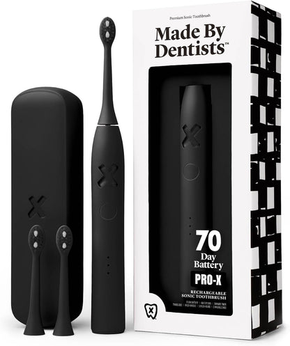 Made by Dentists PRO‑X Sonic Electric Toothbrush for Adults – 70‑Day Battery on One Charge, Dentist‑Designed Whitening Rechargeable Toothbrush, 3 Brush Heads & Travel Case, 3 Modes, Black