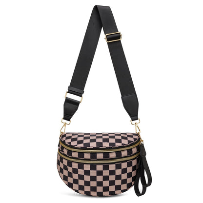 Pure Colour Crossbody Bum Bags for Women Spacious Checkered Cross body Bag Nylon Trendy Fanny Pack for Travel