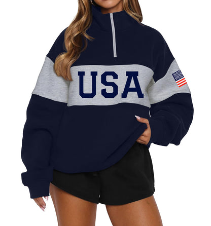 LEEDYA Women Long Sleeve American Flag Sweatshirts Half Zip USA Sweater