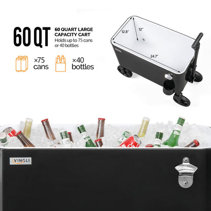 VINGLI 80 Quart Wagon Rolling Cooler Ice Chest, w/Long Handle and 10" Wheels, Portable Beach Patio Party Bar Cold Drink Beverage, Outdoor Park Cart on Wheels