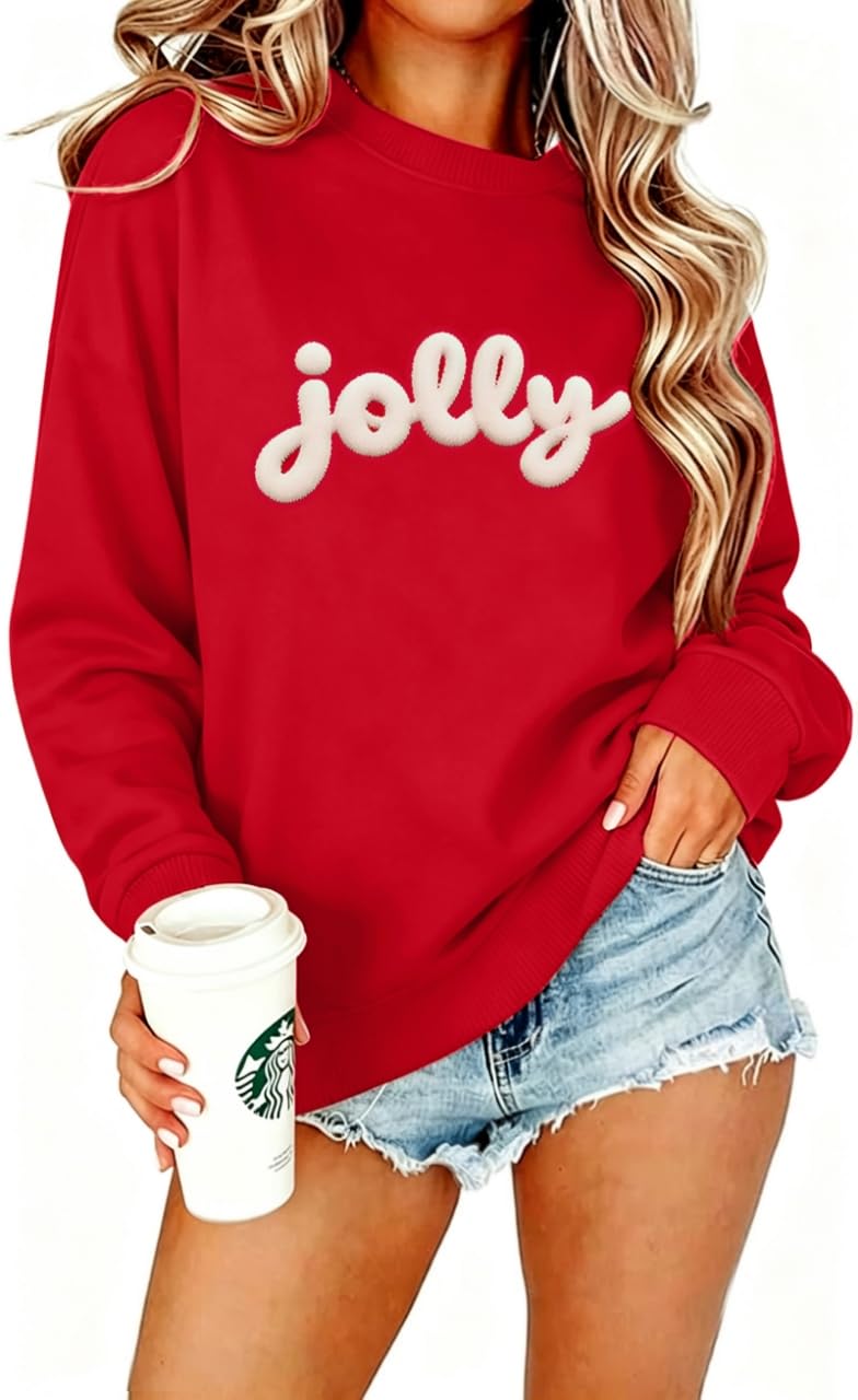 Christmas Sweatshirts For Women Jolly Glitter Patch Striped Sweater