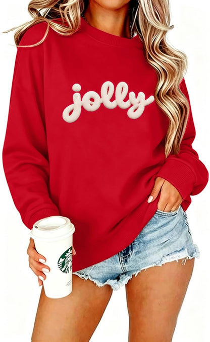 Christmas Sweatshirts For Women Jolly Glitter Patch Striped Sweater