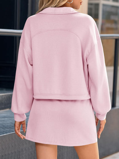 Fisoew Women’s 2 Piece Outfits Quarter Zip Cropped Sweatshirts Casual Mini Skorts Lounge Wear Skirts Sets
