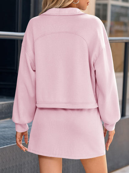 Fisoew Women’s 2 Piece Outfits Quarter Zip Cropped Sweatshirts Casual Mini Skorts Lounge Wear Skirts Sets