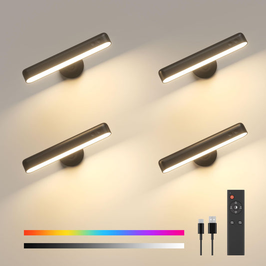 PopoIron Wall Sconce with 7500mAh Rechargeable Battery LED Wall Light for Bedroom with Remote Control, 3 Colors Wireless Wall Lamp 360° Rotation Dimmable Brightness with 15 RGB Colors,Black,1 Pack