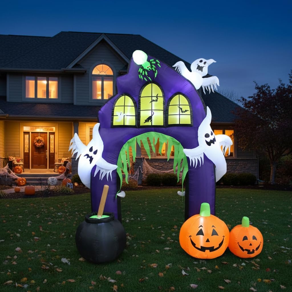 9 FT Tall Halloween Inflatable Castle Archway | Pumpkins Spider Ghosts Cauldron, LED Lights, Outdoor Indoor, Yard Blowup