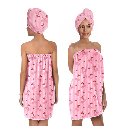 Strawberry Print Bath Wrap and Hair Drying Towel Set – Microfiber Quick Dry Shower Body Wrap for Women, Absorbent Spa Skirt with Elastic Band and Cute Bow Design (Strawberry 1)