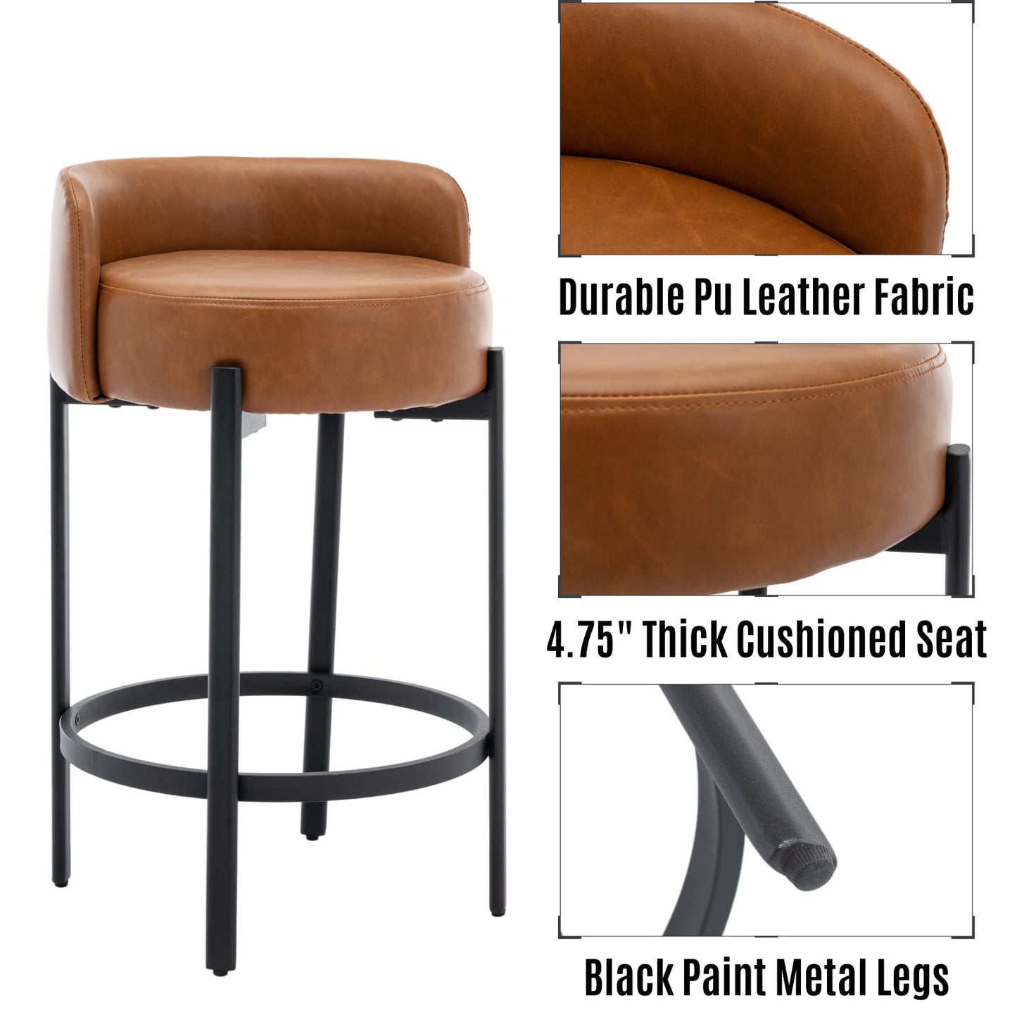 LukeAlon Mid Century Linen Counter Stools Set of 4, Upholstered 26.5” Seat Height Low Barstools with Natural Wood Legs Round Low Back Kitchen Stools with Footrest for Dining Room, Beige