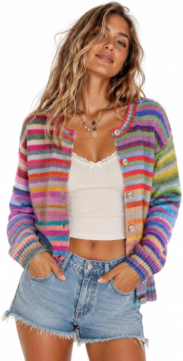 utcoco Women's Cute Rainbow Striped Button Down Knit Cardigan Sweaters