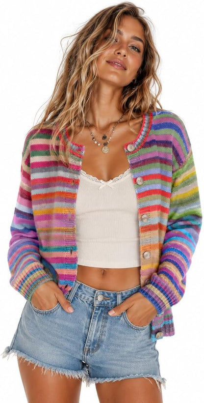 utcoco Women's Cute Rainbow Striped Button Down Knit Cardigan Sweaters