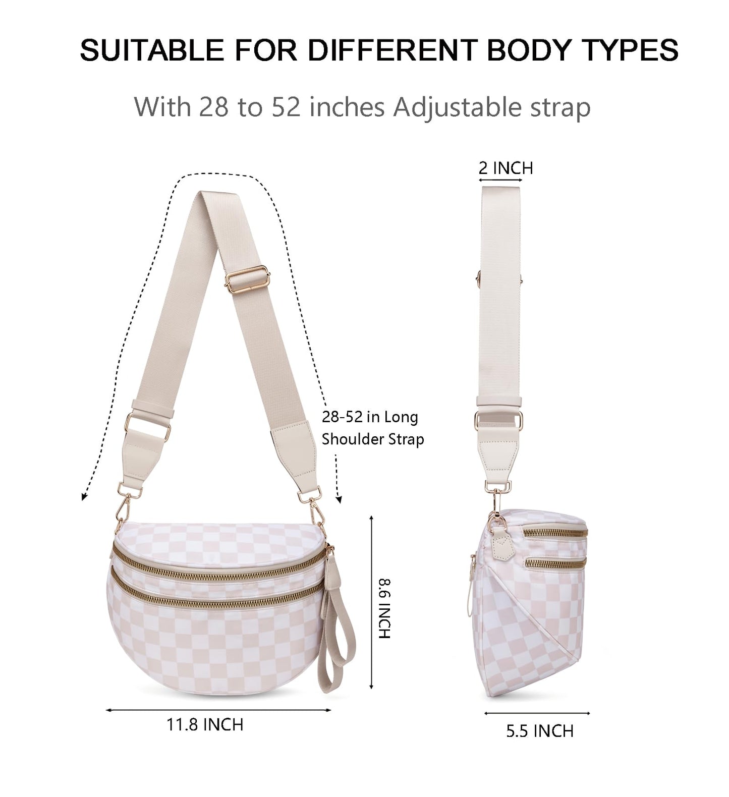 Pure Colour Crossbody Bum Bags for Women Spacious Checkered Cross body Bag Nylon Trendy Fanny Pack for Travel