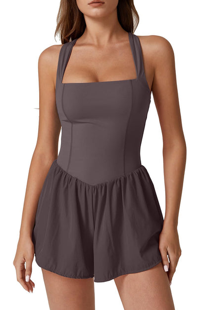 QINSEN Women's Square Neck Sleeveless Romper Jumpsuit
