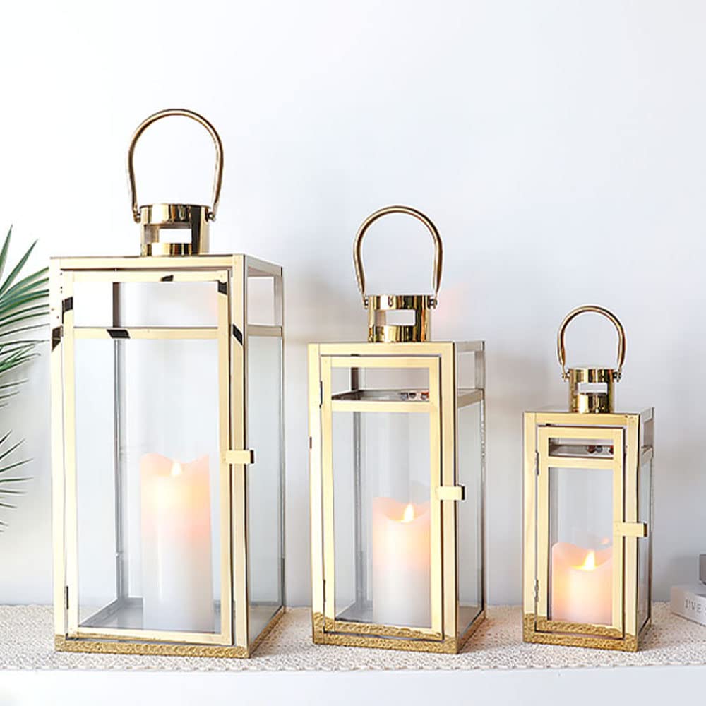 TRIROCKS Set of 3 Stainless Steel Candle Lantern 19/15/12'' High Metal Candle Holder with Tempered Glass Panels Perfect for Home Decor Living Room Parties Events Tabletop Indoors Outdoors (Rose Gold)