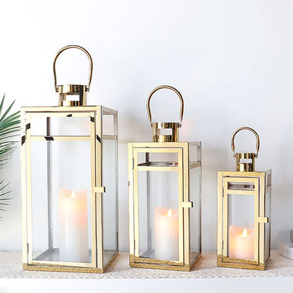 TRIROCKS Set of 3 Stainless Steel Candle Lantern 19/15/12'' High Metal Candle Holder with Tempered Glass Panels Perfect for Home Decor Living Room Parties Events Tabletop Indoors Outdoors (Rose Gold)