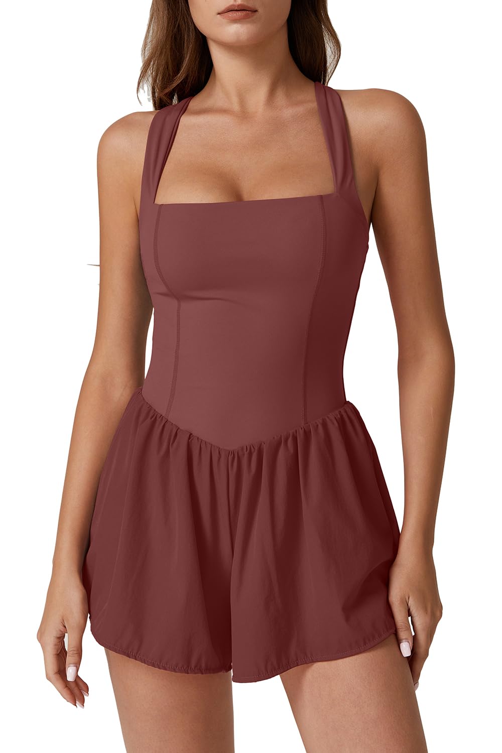 QINSEN Women's Square Neck Sleeveless Romper Jumpsuit